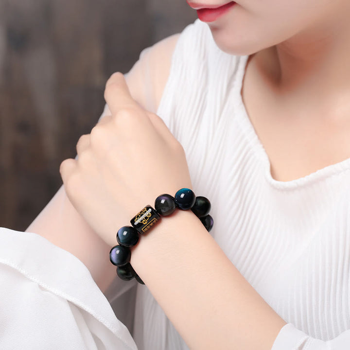 Pulsera de transformación positiva de obsidiana arcoíris natural con Buddha Stones