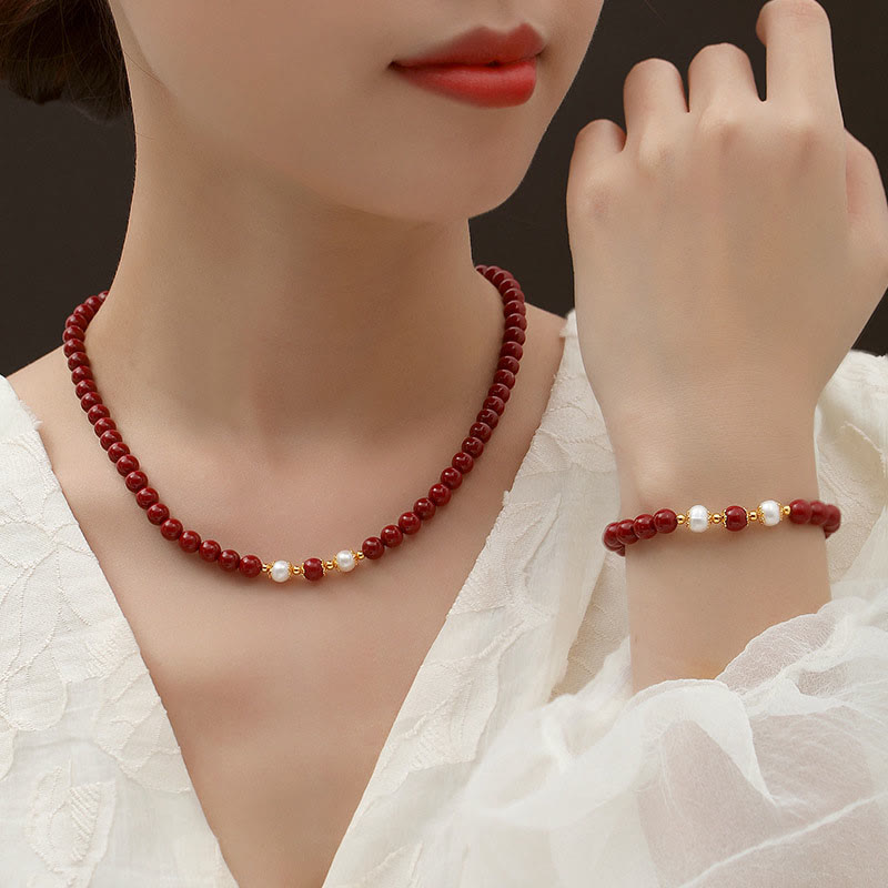 Juego de joyas de plata de ley 925 con Buddha Stones, perlas de cinabrio naturales, colgante, pulsera, pendientes