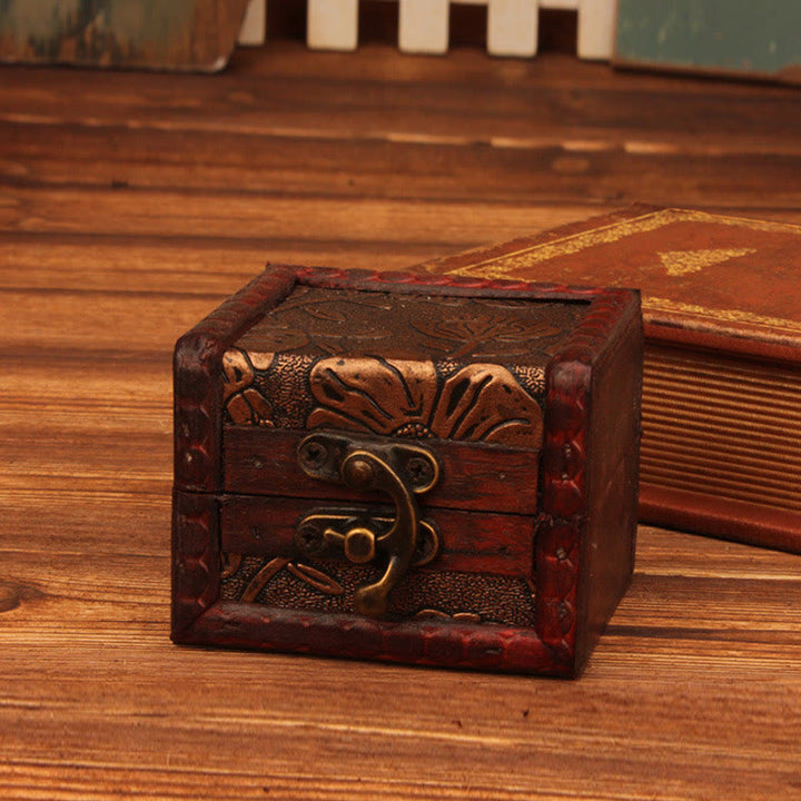 Caja de joyería de madera cuadrada pequeña Retro con Buddha Stones , flor de loto, uva, cobre, moneda, narciso, caja de almacenamiento de joyería