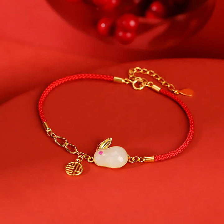 Pulsera de hilo rojo con bendición de la suerte de jade blanco hetiano del año del conejo de plata de ley 925