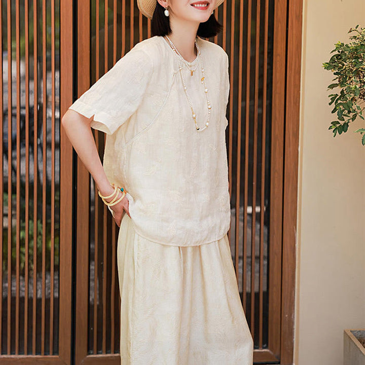 Blusa suelta de lino de ramio con Buddha Stones , camisa de manga corta, Top de estilo chino