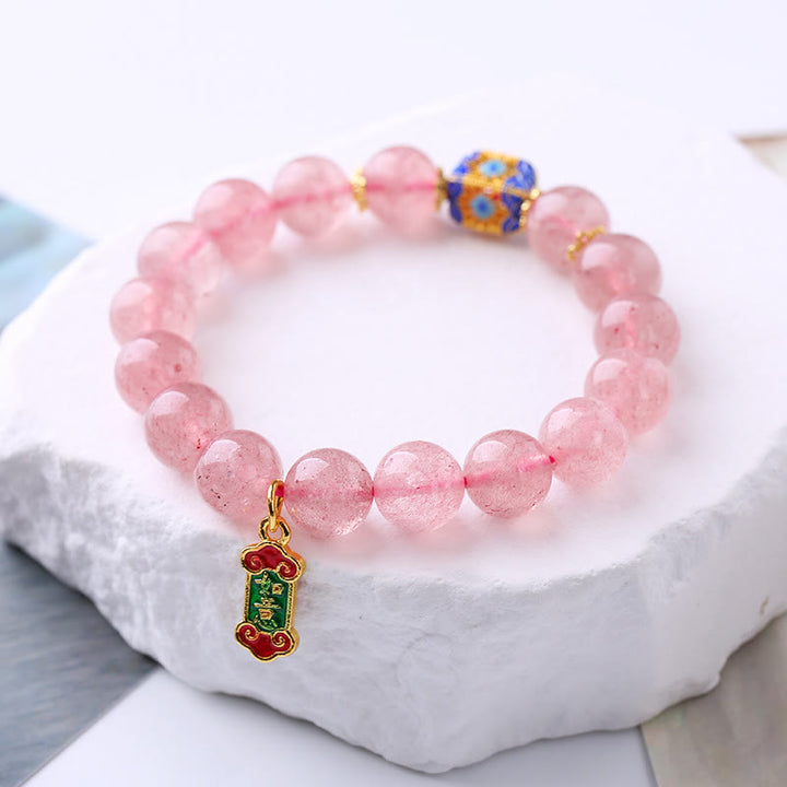 Pulsera con dijes Ruyi positivos de cuarzo fresa y Buddha Stones