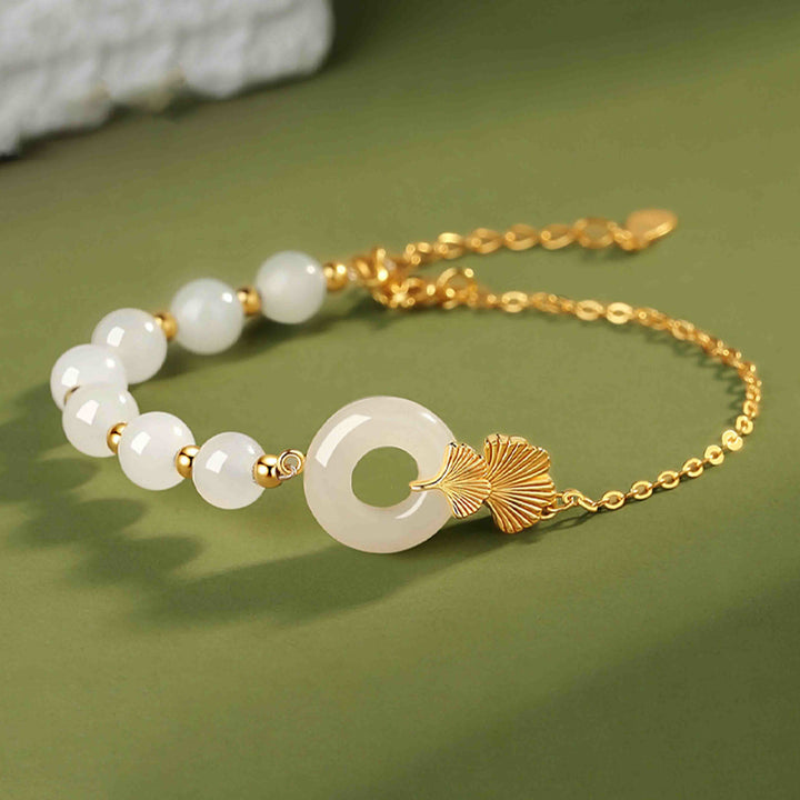 Pulsera de la suerte con Buddha Stones, plata de ley 925, jade blanco hetiano, hebilla de la paz, hoja de Ginkgo
