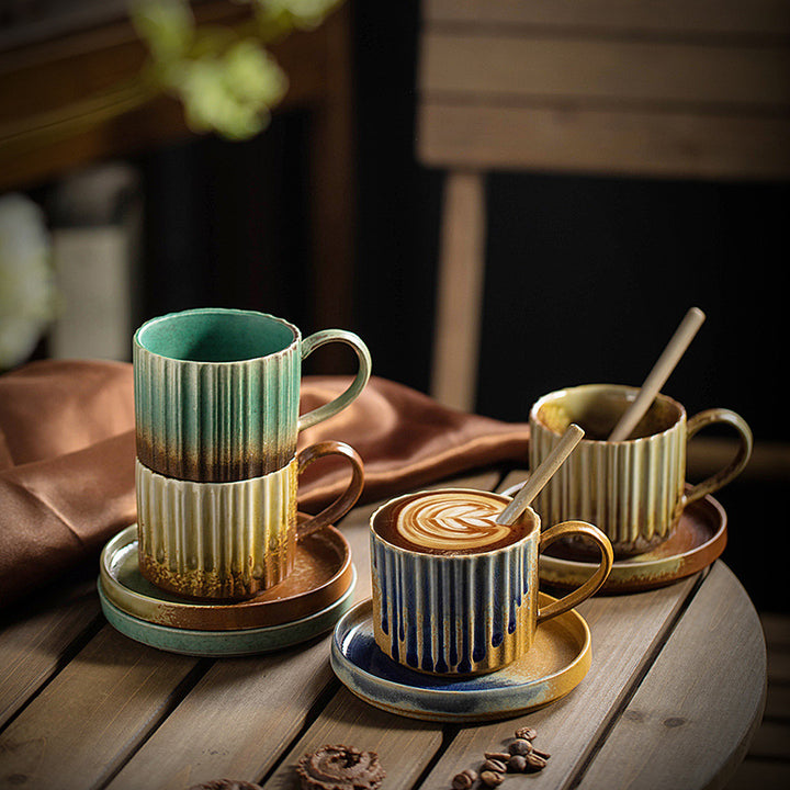 Taza de café de cerámica con cambio de horno a rayas Retro de Buddha Stones, taza de café y té de cerámica rugosa con platillo de 250ml