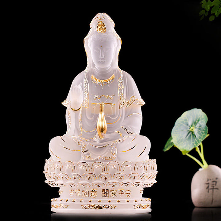 Buddha Stones Kwan Yin Avalokitesvara, estatuilla hecha a mano, pieza de arte de cristal Liuli, estatua de riqueza, decoración para el hogar