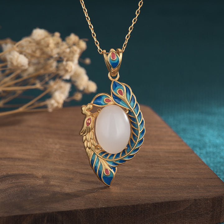 Colgante de collar de bendición de cobre de pavo real de jade blanco