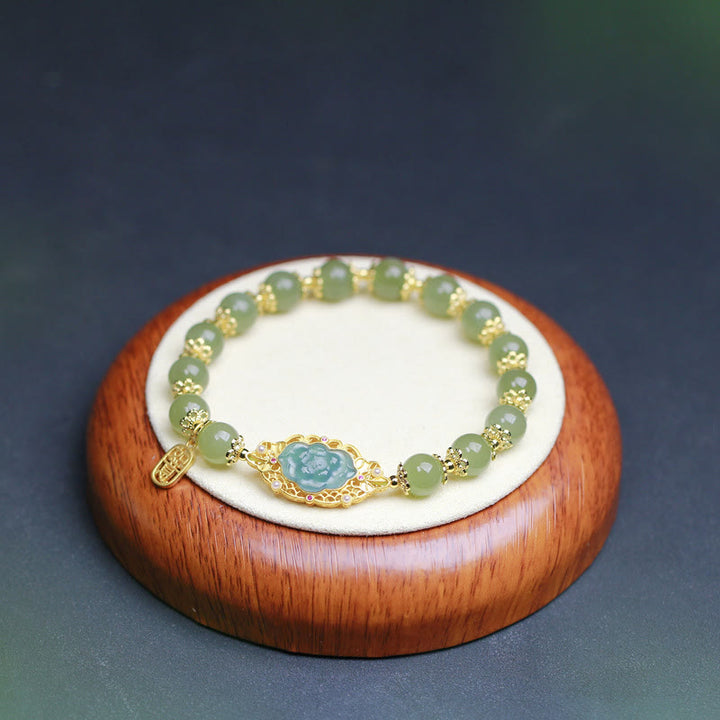 Pulsera de la suerte de loto de jade hetiano de plata de ley 925 chapada en oro de 14 quilates