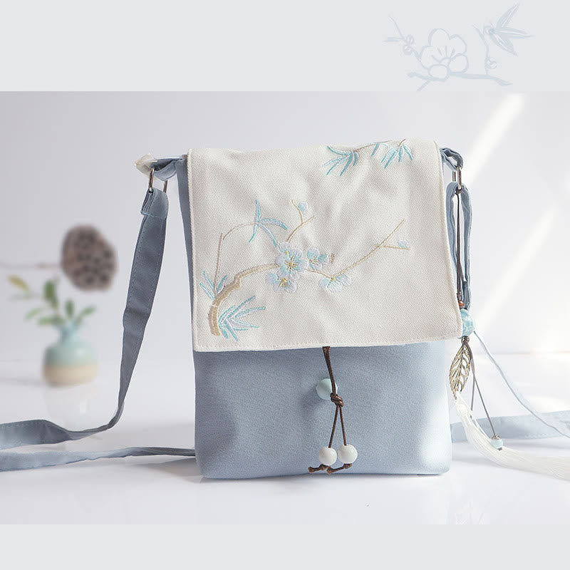 Bolso bandolera de lona con flores de ciruelo bordadas hechas a mano con Buddha Stones