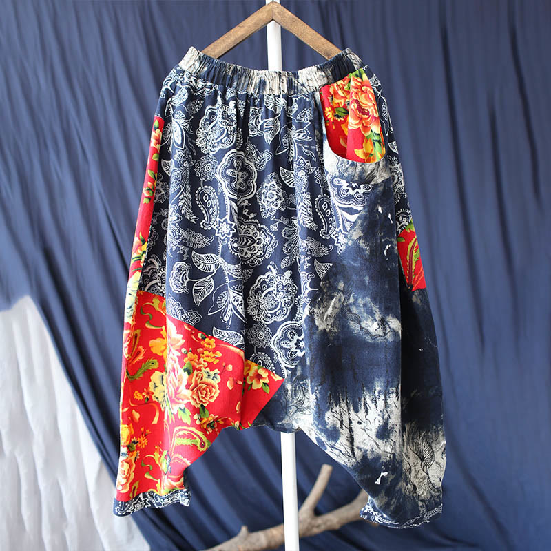 Pantalones bombachos de lino y algodón con retazos de flores de peonía azul y rojo con Buddha Stones y bolsillos