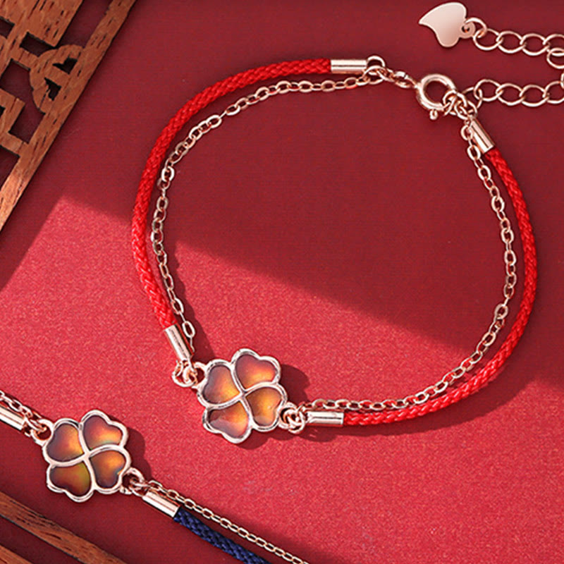 Pulsera de hilo rojo con protección de la suerte de trébol de cuatro hojas que cambia de color de plata de ley 925 con Buddha Stones