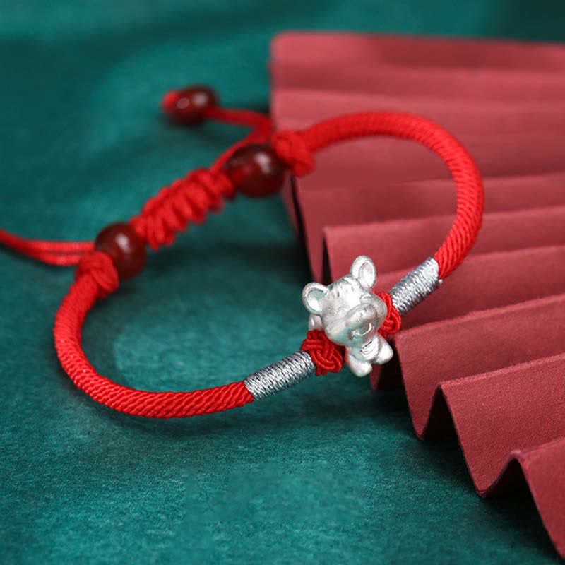 Pulsera de hilo rojo de la fuerza de la suerte del zodíaco chino de plata de ley 999 con Buddha Stones
