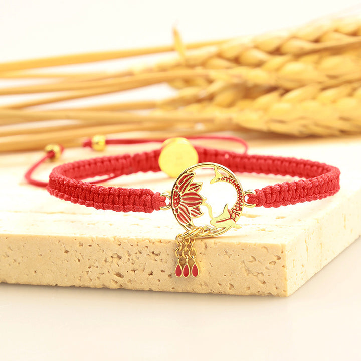 Pulsera de hilo rojo de la suerte con pez Koi de loto hecho a mano tibetano con Buddha Stones
