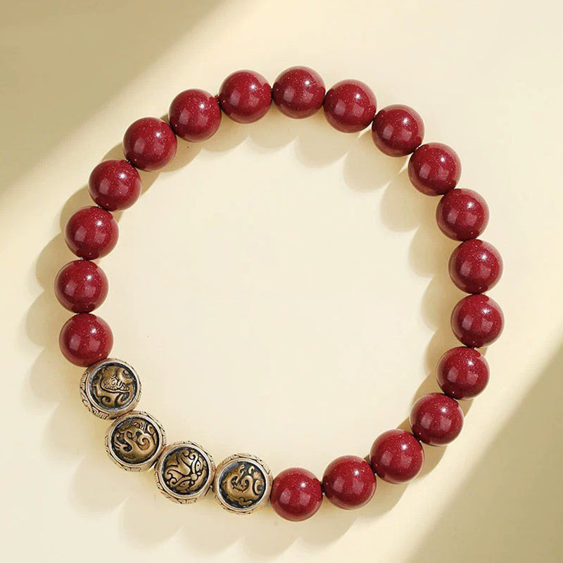 Pulsera de bendición de las cuatro bestias con cinabrio natural de plata de ley 925 con Buddha Stones