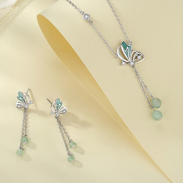 Juego de pendientes con colgante de collar de la suerte de mariposa de aventurina verde natural de plata de ley 925 con Buddha Stones