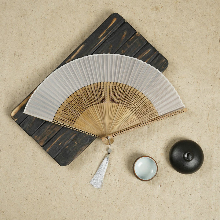 Abanico plegable de mano vintage con Buddha Stones y marcos de bambú