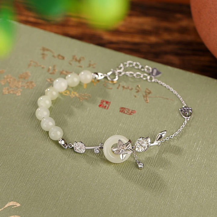 Pulsera de cadena de la suerte de loto con hebilla de la paz de jade hetiano de plata de ley 925 con Buddha Stones