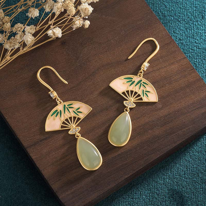 Pendientes colgantes de la suerte con diseño de abanico de aventurina verde natural con Buddha Stones