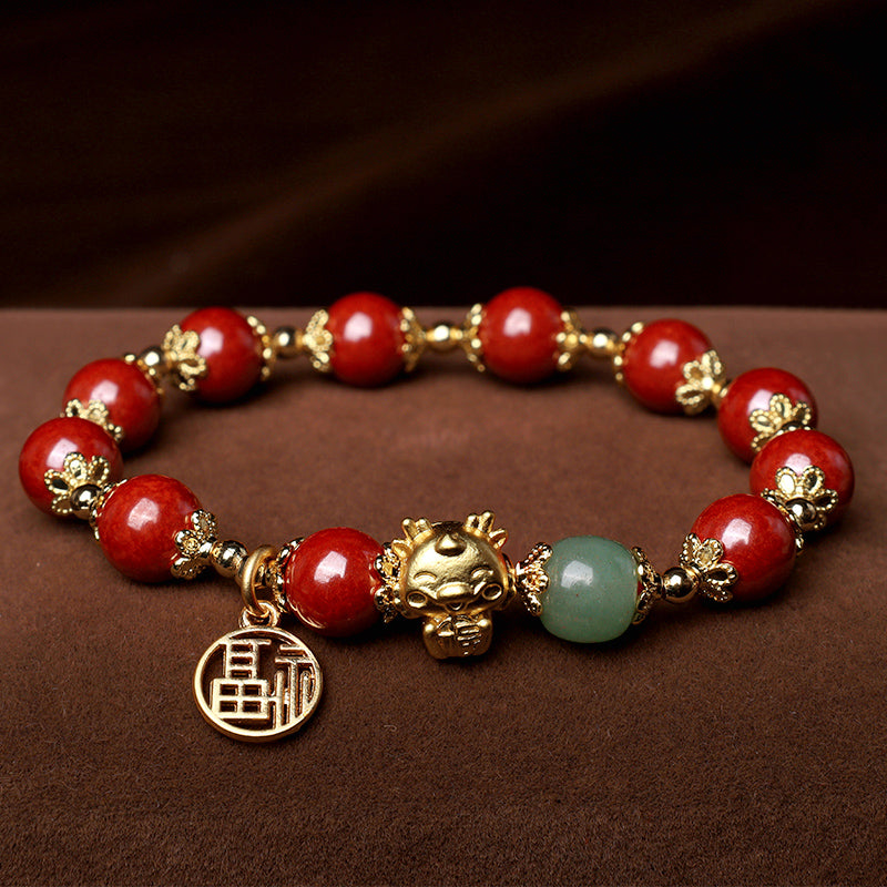 Buddha Stones Año del Dragón Cinabrio Natural Fu Carácter Charm Pulsera de Bendición