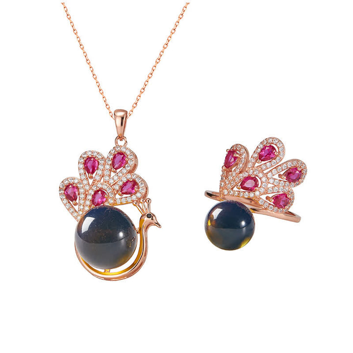 Anillo con colgante de collar de amor de fortuna de ámbar de pavo real