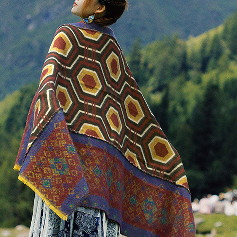 Mantón tibetano de Buddha Stones, patrón de formas geométricas, marrón, azul y rojo, bufanda de viaje acogedora para invierno