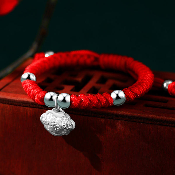 Buddha Stones Plata de ley 925 Hecha a mano Personaje Fu Bolsa de dinero de la suerte Candado chino Campana Loto Moneda de cobre Nudo King Kong Pulsera trenzada para niños