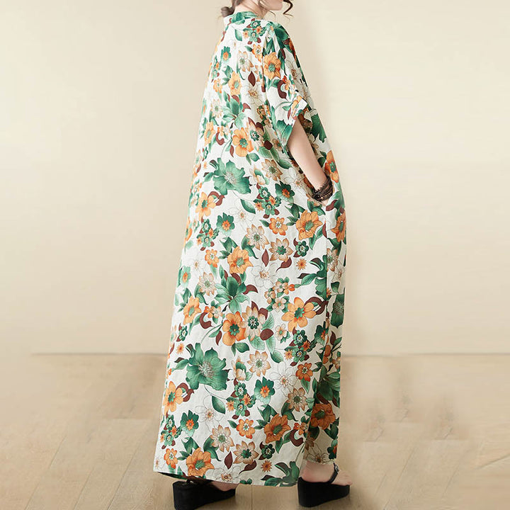 Vestido midi con flores rojas, azules y verdes de Buddha Stones Vestido de media manga de algodón con bolsillos