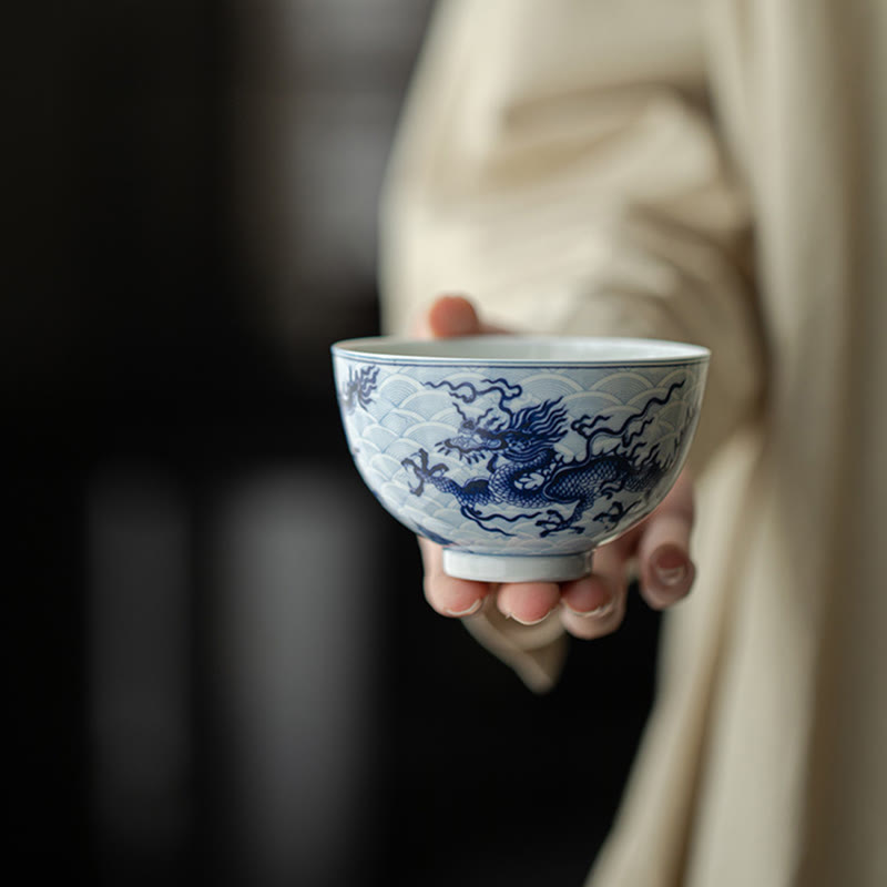 Tazas de té de cerámica con diseño de dragón azul y Buddha Stones, tazas de té de Kung Fu