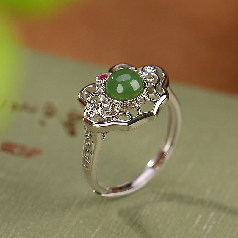 Juego de pendientes de anillo de la suerte con diseño hueco de jade cian hetiano natural de plata de ley 925 con Buddha Stones