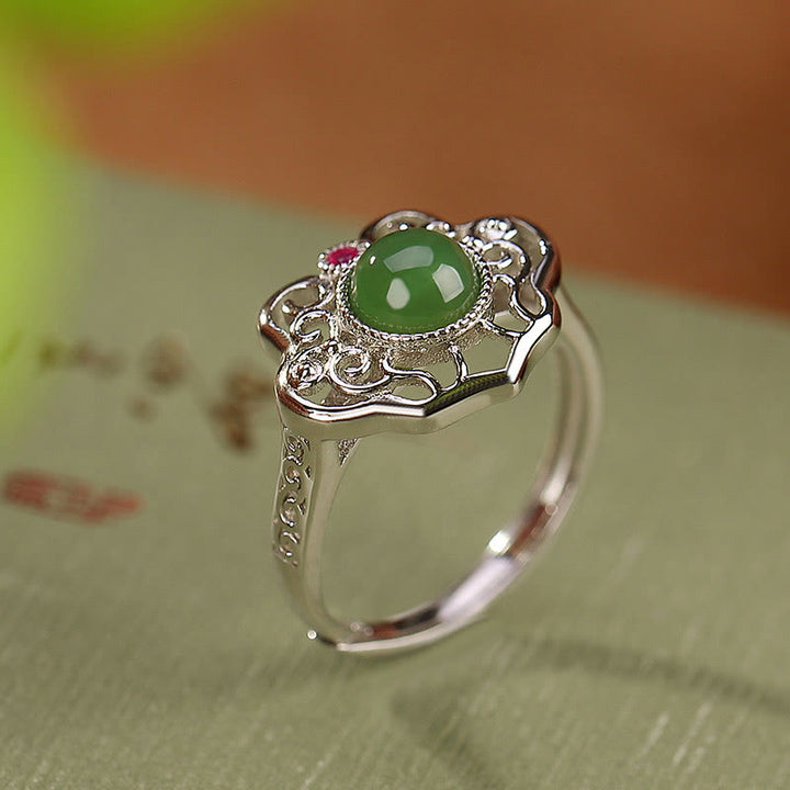 Juego de pendientes de anillo de la suerte con diseño hueco de jade cian hetiano natural de plata de ley 925 con Buddha Stones