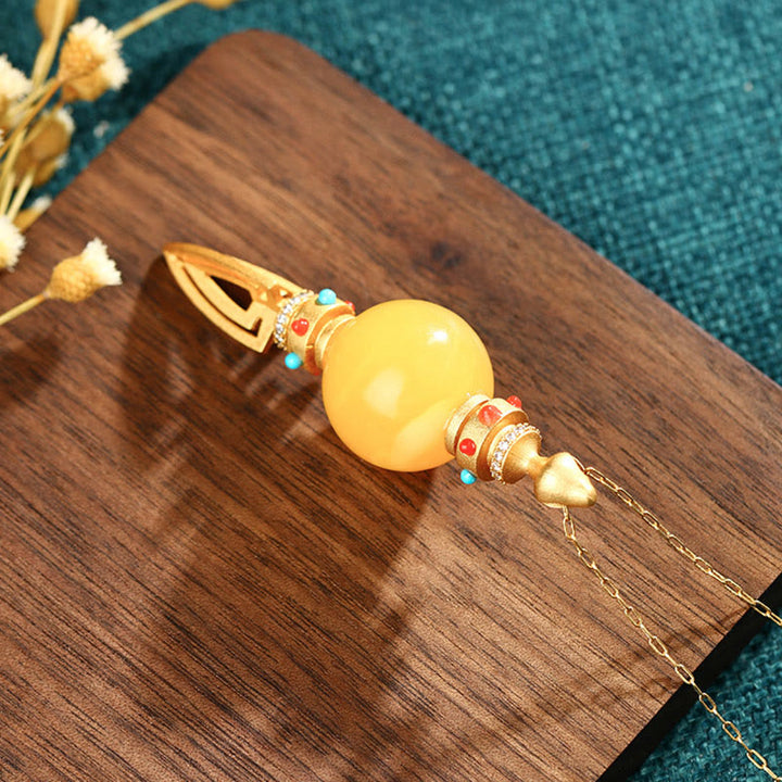 Colgante de collar de ansiedad transparente Dorje Vajra de ámbar chapado en oro de 24 quilates
