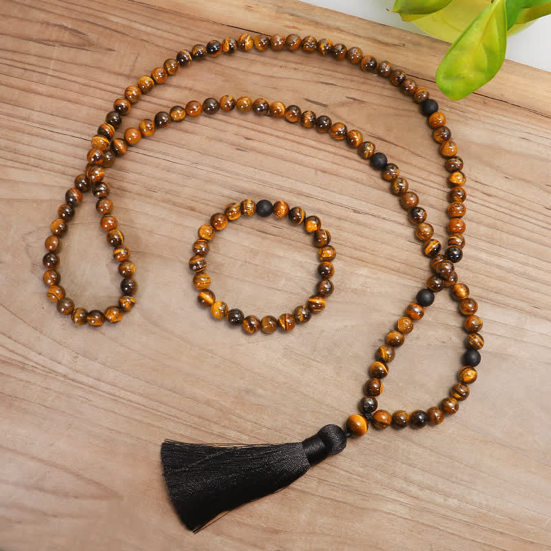 Pulsera de borlas con protección de ojo de tigre Mala de 108 Buddha Stones