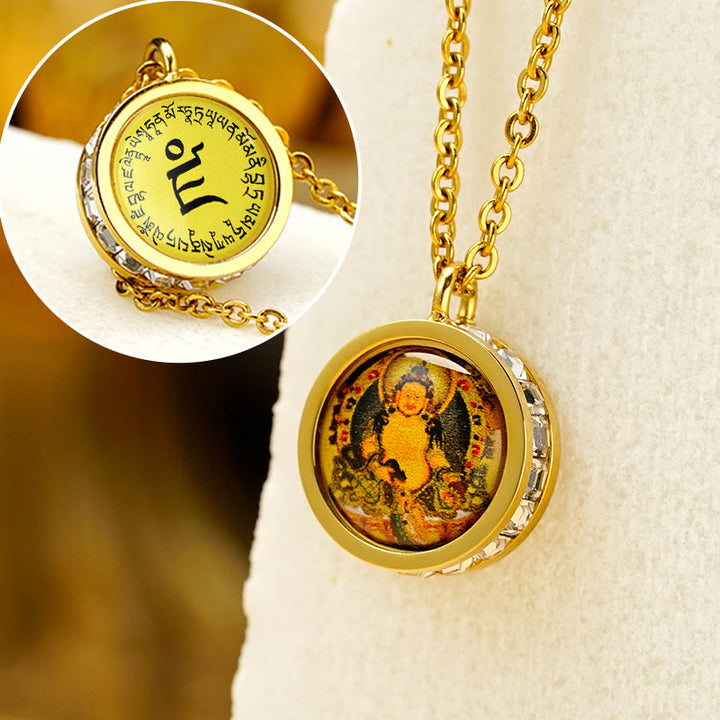Buddha Stones tibetano amarillo dios de la riqueza Tara verde Buda serenidad collar de acero titanio colgante - Dios amarillo de la riqueza en la parte delantera y trasera. Mantra - image 1
