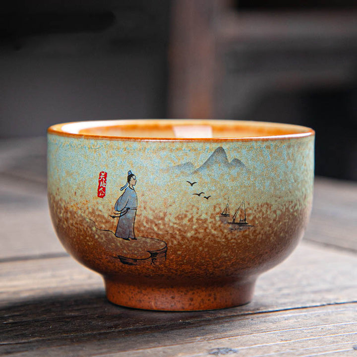 Buddha Stones, ciervo colorido, Pipa, nieve, flores de ciruelo, montañas, ríos, pájaro, taza de té de cerámica, tazón de té de Kung Fu