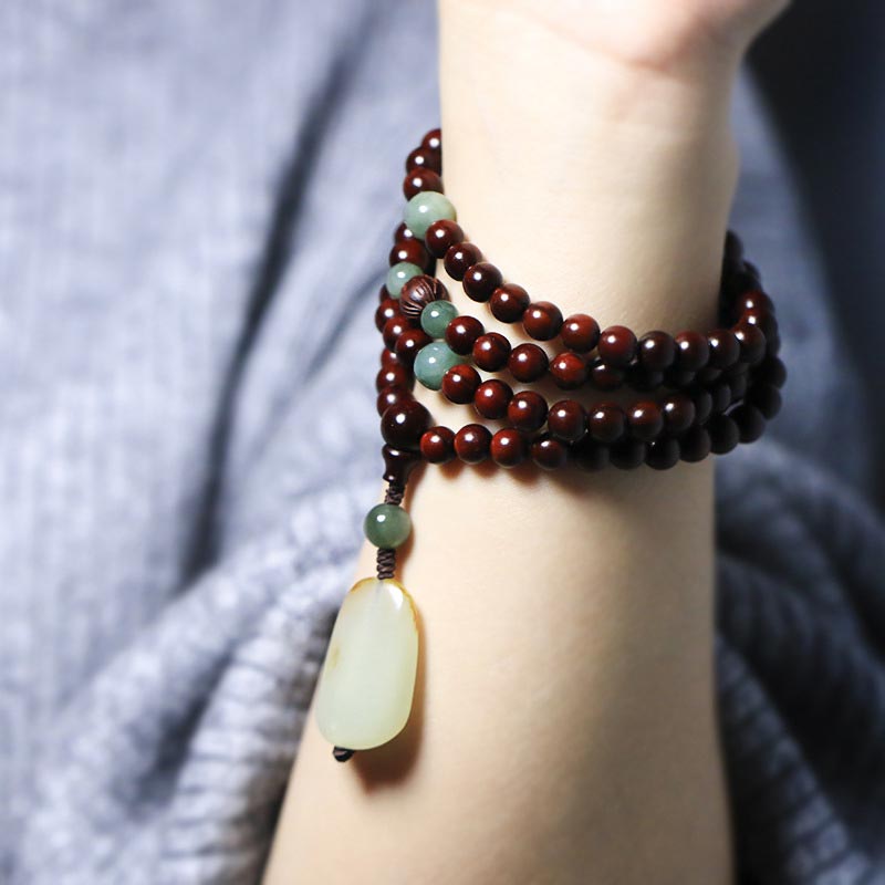 Pulsera de meditación Mala de Jade de sándalo rojo de hoja pequeña tibetana con Buddha Stones