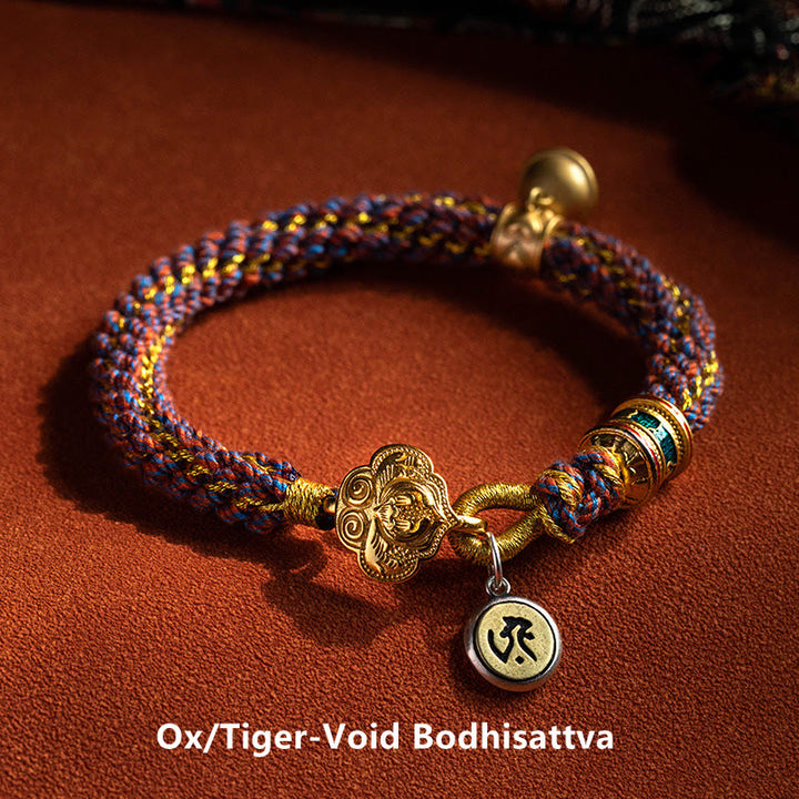 Pulsera de cuerda trenzada con campana de la suerte, Om Mani Padme Hum, Buda natal del zodíaco chino, Plata de Ley 925 con Buddha Stones