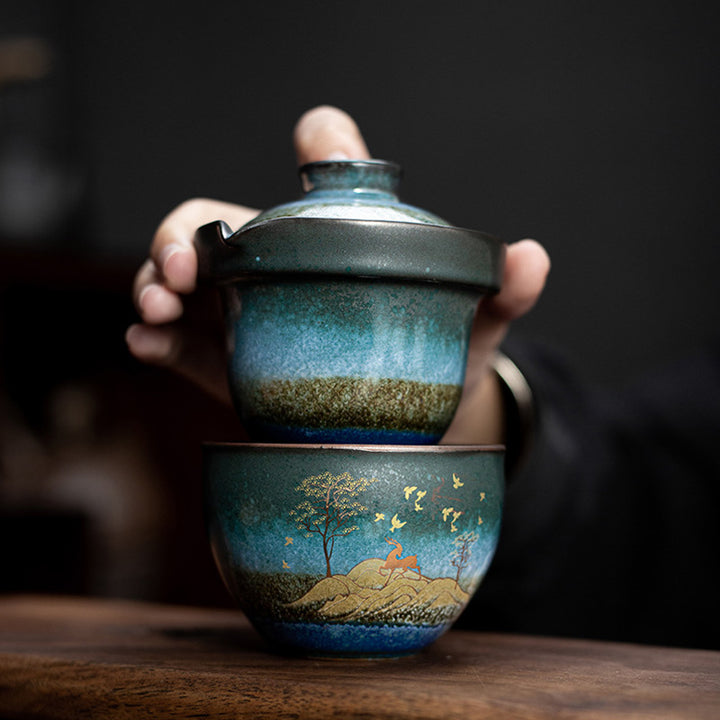 Taza de té de cerámica con Buddha Stones , ciervo, árboles de montaña, gato encantador, taza de té negra con tapa y bolsa