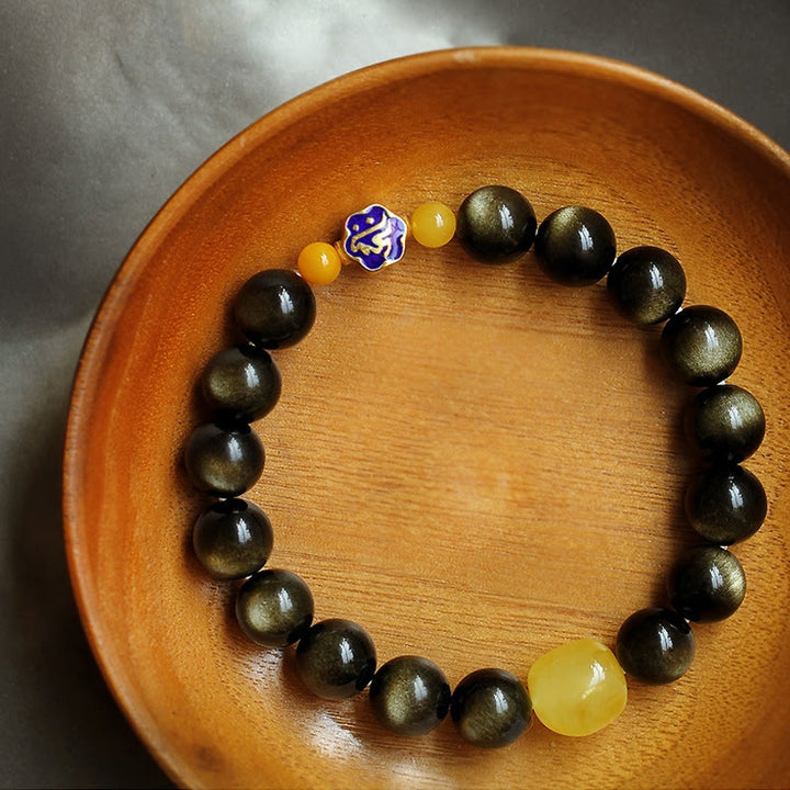 Pulsera de protección de la riqueza, Plata de Ley 925 con Buddha Stones , zodíaco chino, Buda natal, brillo de oro Natural, obsidiana, ámbar - image 2