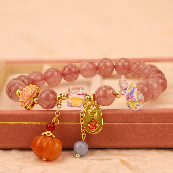 Pulsera positiva con dije de calabaza con personaje Fu de cuarzo fresa natural con Buddha Stones