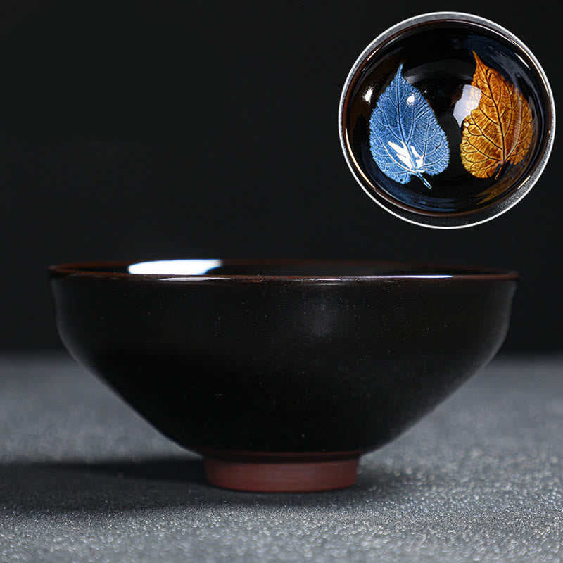 Buddha Stones, hoja de arce dorada, taza de té de cerámica china Jianzhan, tazón de taza de té Tenmoku Kung Fu