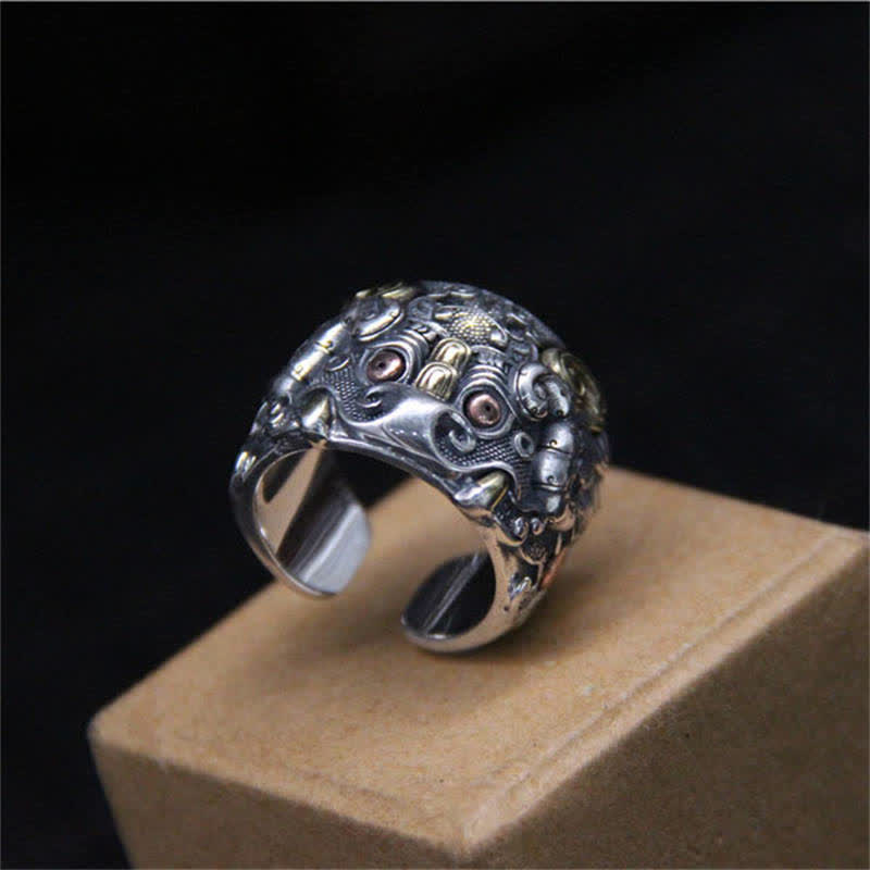 Anillo ajustable de protección de ganado Fengshui Kui de plata de ley 925