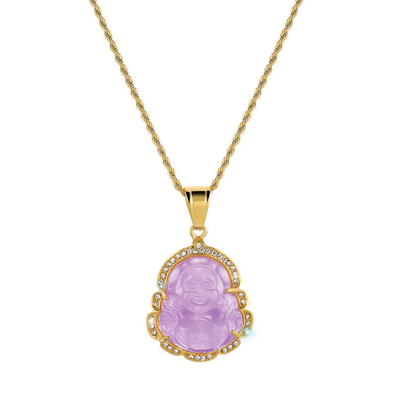 Colgante de cadena con collar de la suerte de jade de Buda sonriente relleno de oro de 18 quilates con Buddha Stones - image 14