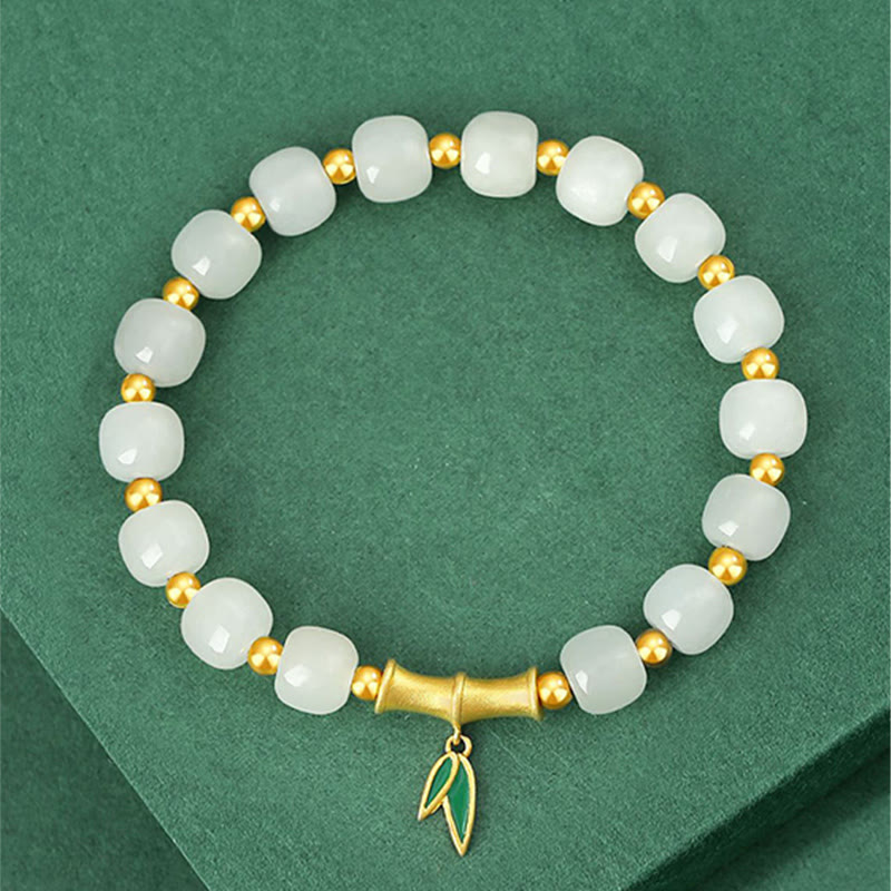 Pulsera de la suerte de bambú de jade blanco hetiano de plata de ley 925 con Buddha Stones