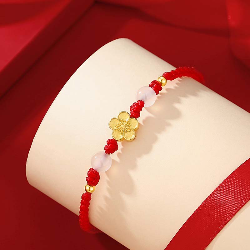 Pulsera de cuerda roja de la suerte con cuentas de calcedonia, cereza, flor de melocotón, Plata de Ley 925 hecha a mano con Buddha Stones