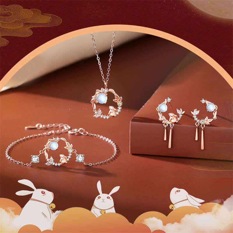 Plata de Ley 925 Año del Conejo Piedra Lunar Patrón de Flor Luna Collar Colgante Pulsera Pendientes - image 10