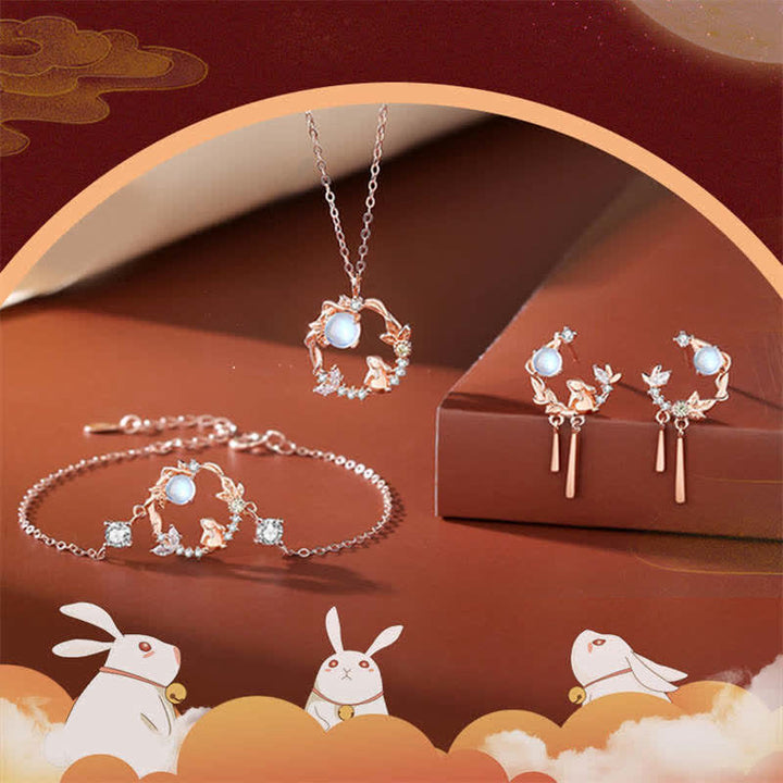 Plata de Ley 925 Año del Conejo Piedra Lunar Patrón de Flor Luna Collar Colgante Pulsera Pendientes - image 10