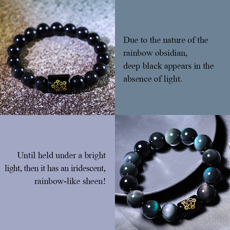 Pulsera de transformación positiva de obsidiana arcoíris natural con Buddha Stones