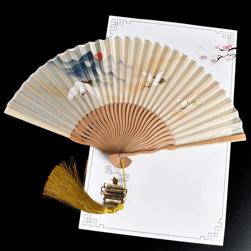 Abanico plegable de bambú de mano con diseño de grulla de nube vintage de Buddha Stones