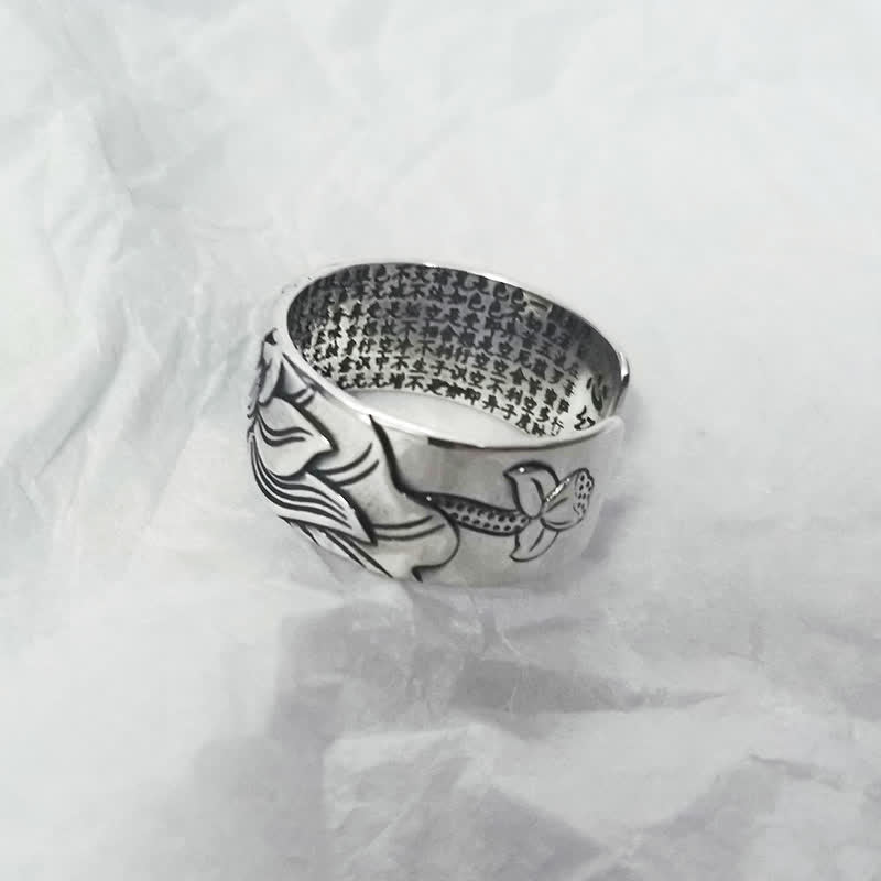 Anillo de protección Sutra de corazón con símbolo de loto de plata de ley 999 con Buddha Stones