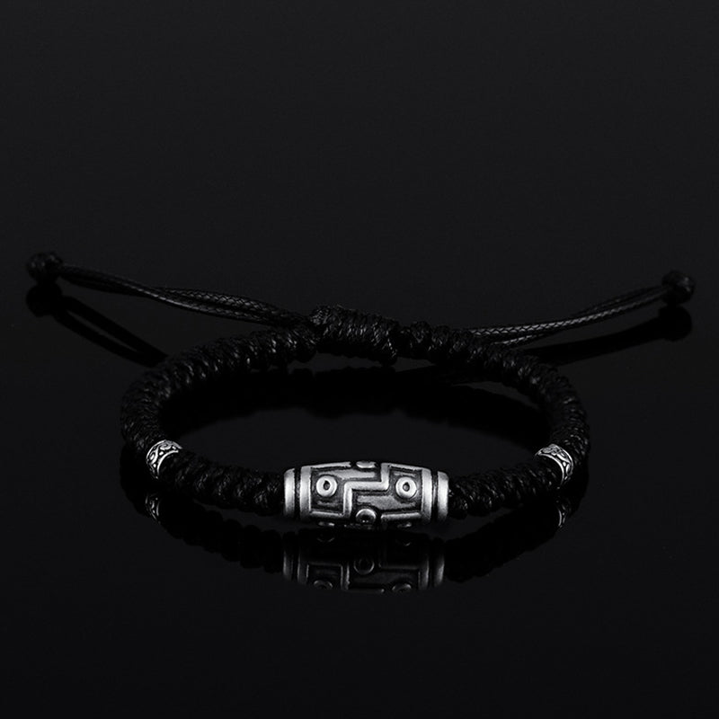 Pulsera de cuerda de bendición con patrón de cuentas Dzi de nueve ojos de plata de ley 999 con Buddha Stones