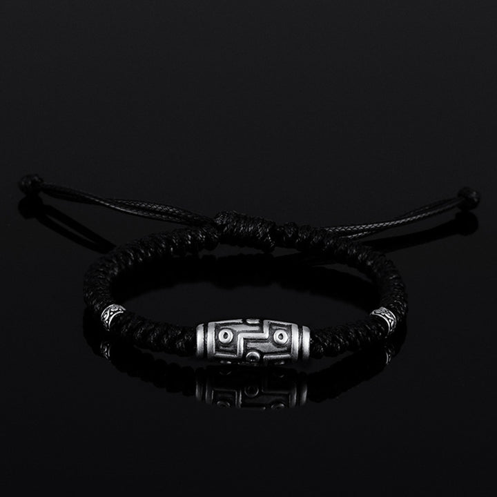 Pulsera de cuerda de bendición con patrón de cuentas Dzi de nueve ojos de plata de ley 999 con Buddha Stones